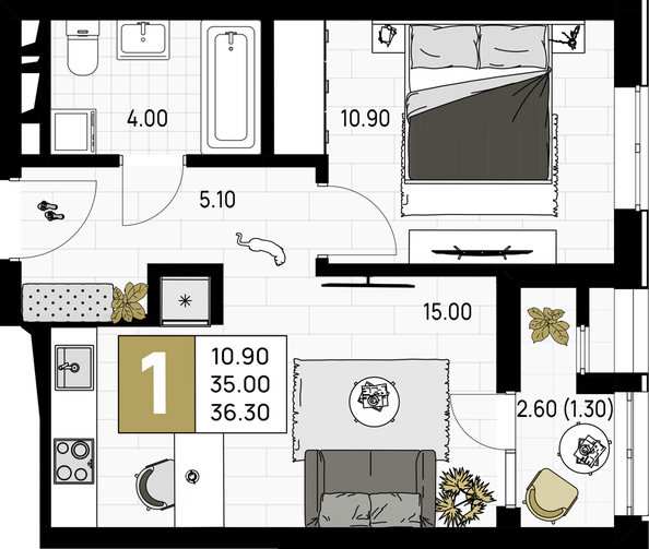 Планировка 1-комн 36,3 м²