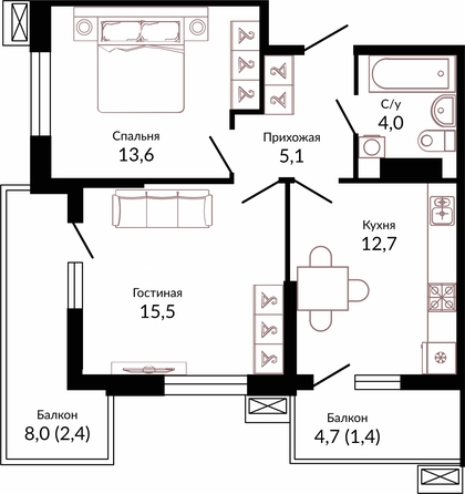 Планировка 2-комн 54,7 м²