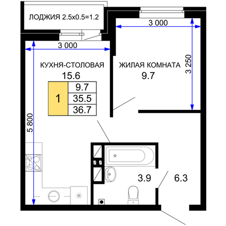 Планировка 1-комн 36,7 м²