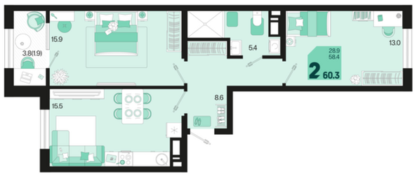 Планировка 2-комн 60,3, 61,3 м²