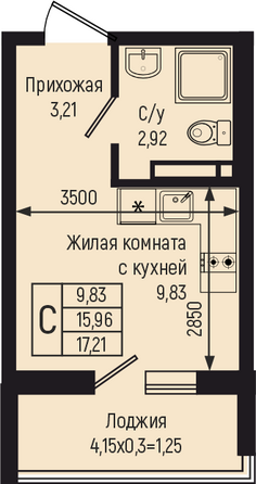 Планировка Студия 17,21 м²