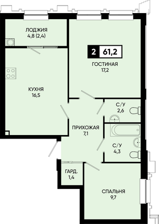Планировка 2-комн 61,2 м²