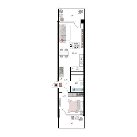 Планировка 2-комн 63,1 м²