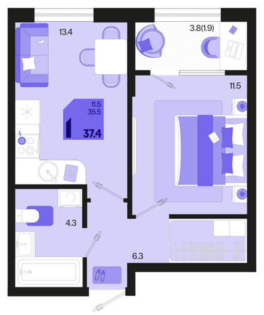 Планировка 1-комн 37,4 м²