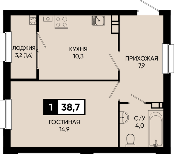 Планировка 1-комн 38,7 м²