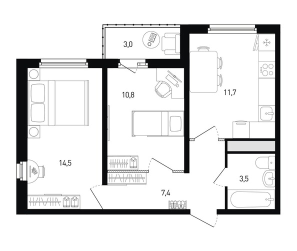 Планировка 2-комн 49,4 - 51 м²