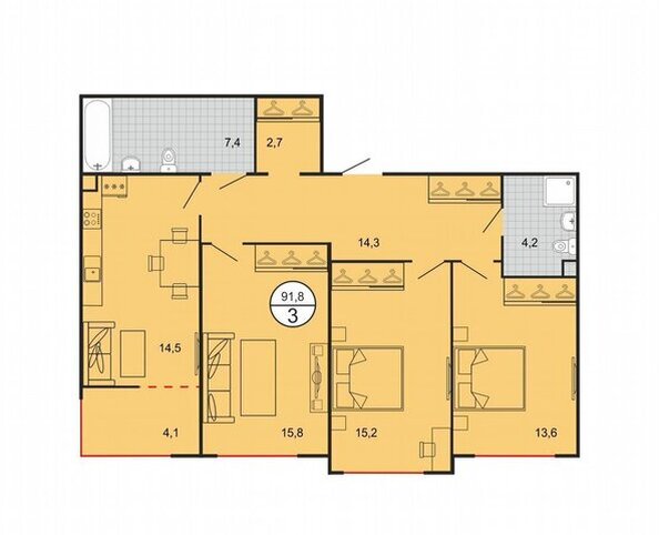 Планировка 3-комн 91,8 м²