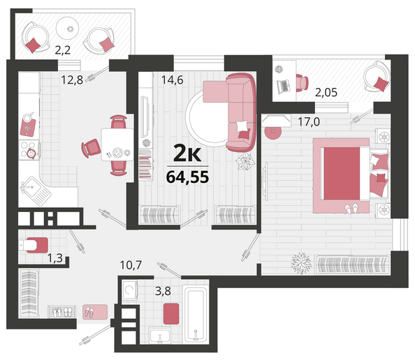 Планировка 2-комн 64,55 м²