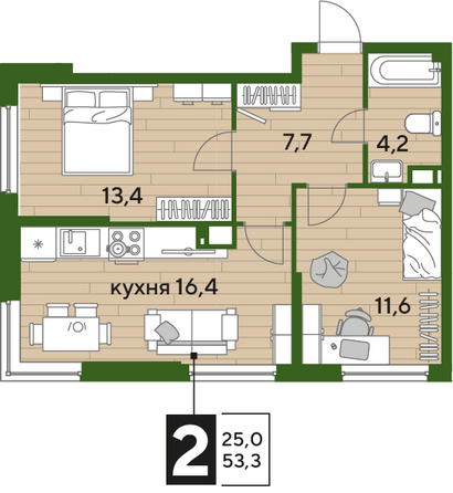 Планировка 2-комн 53,5 м²