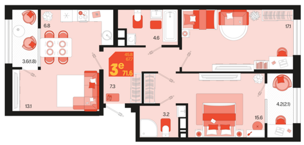 Планировка 3-комн 71,6, 75,6 м²