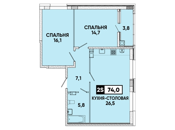 Планировка 1-комн 74 м²