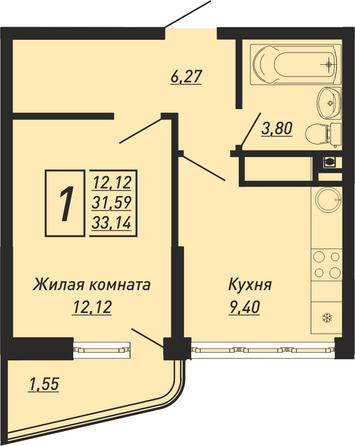 Планировка 1-комн 33,14 м²