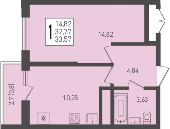 Планировка 1-комн 33,57 м²