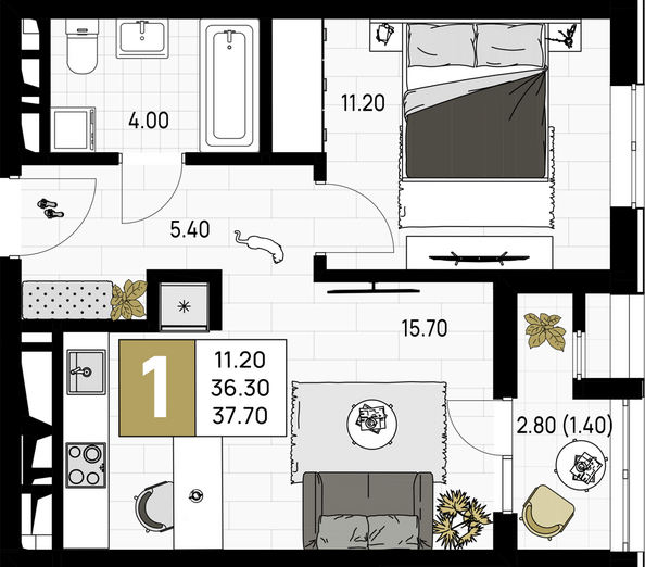Планировка 1-комн 37,7 м²