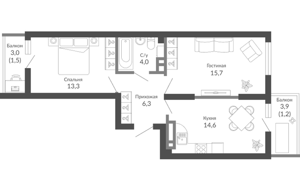 Планировка 2-комн 56,6 м²