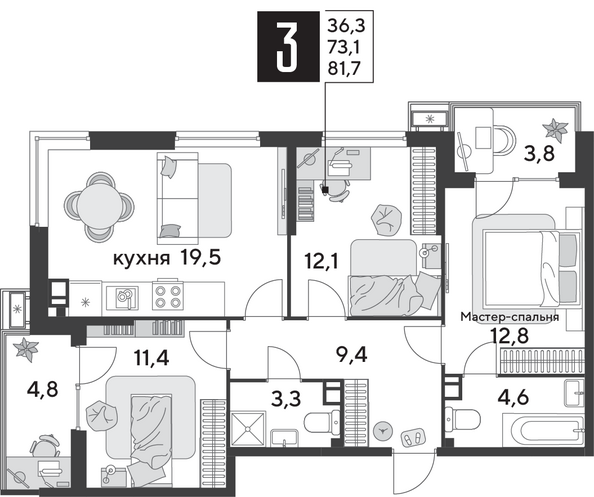 Планировка 3-комн 81,7 м²