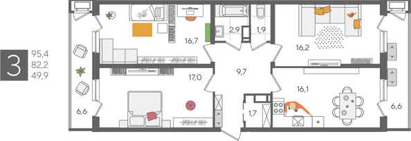 Планировка 3-комн 95,4 м²