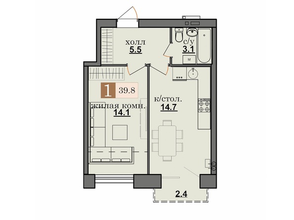 Планировка 1-комн 39,8, 39,9 м²