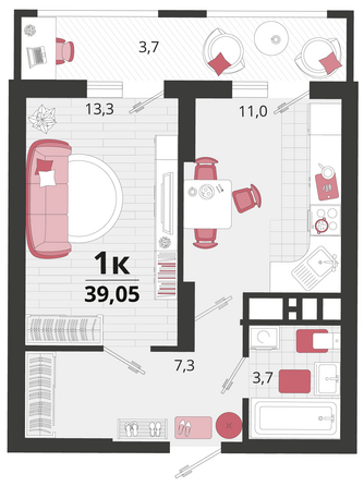 Планировка 1-комн 39,05 м²