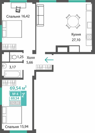 Планировка 2-комн 69,54 м²
