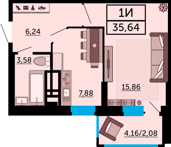 Планировка 1-комн 35,64 м²