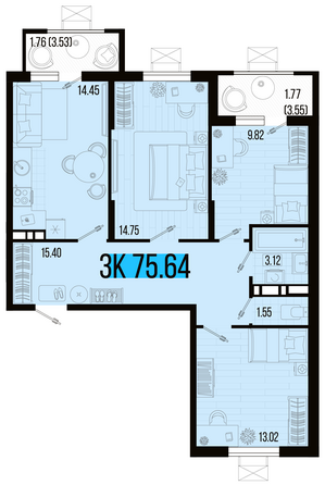 Планировка 3-комн 75,64 м²