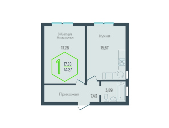 Планировка 1-комн 44 м²