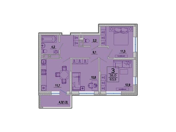 Планировка 3-комн 63,5 м²