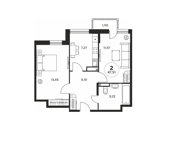 Планировка 2-комн 47,37 м²