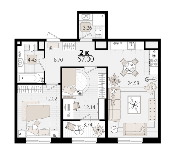 Планировка 2-комн 66,65 м²