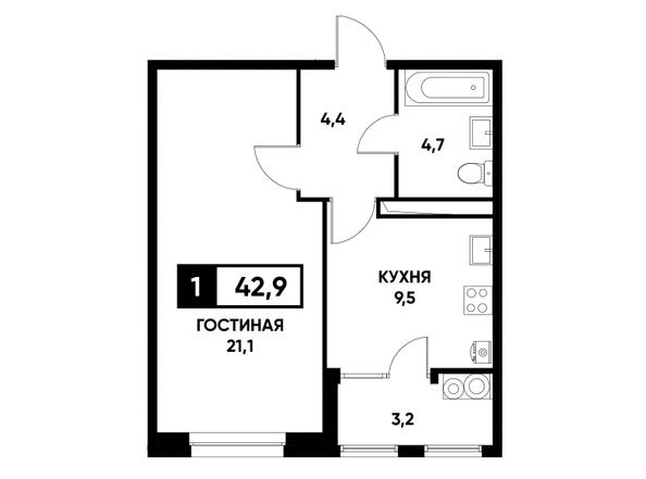 Планировка 1-комн 42,9 м²