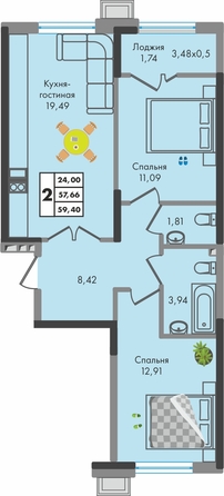 Планировка 2-комн 59,4 м²