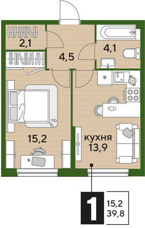 Планировка 1-комн 39,8 м²