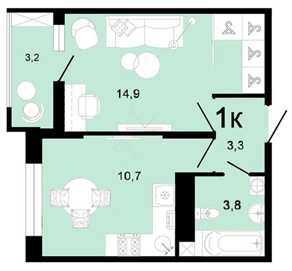 Планировка 1-комн 35,2, 35,9 м²