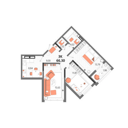 Планировка 3-комн 66,3 м²