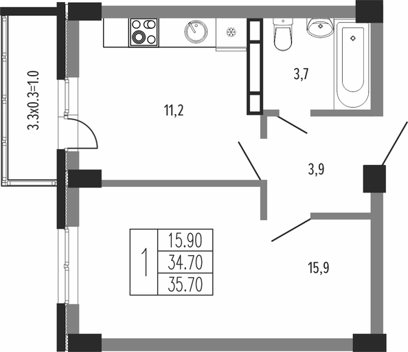 Планировка 1-комн 35,7 м²