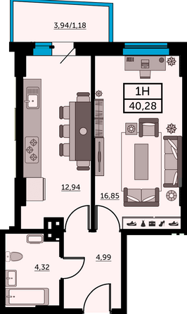 Планировка 1-комн 39,62 - 39,86 м²