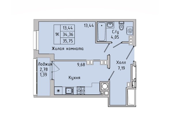 Планировка 1-комн 34,87 - 35,75 м²