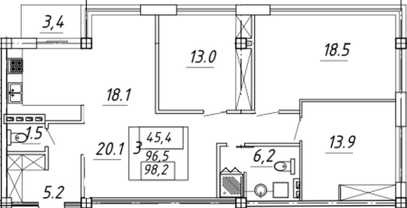 Планировка 3-комн 98,2 м²