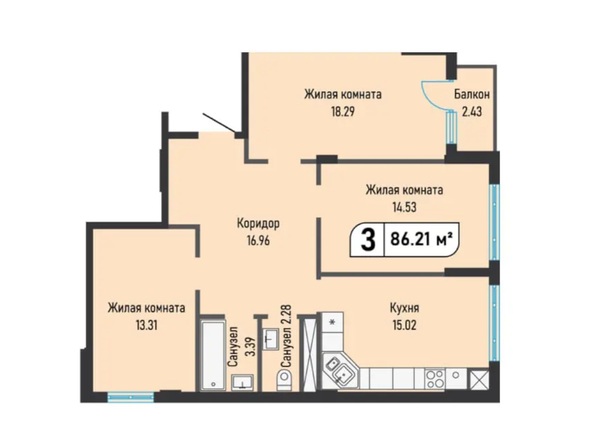 Планировка 3-комн 86,21 м²