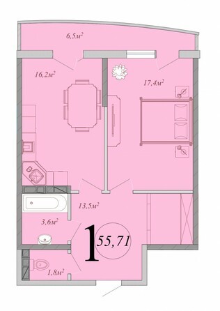 Планировка 1-комн 55,71 м²