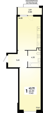 Планировка 1-комн 43,79 м²