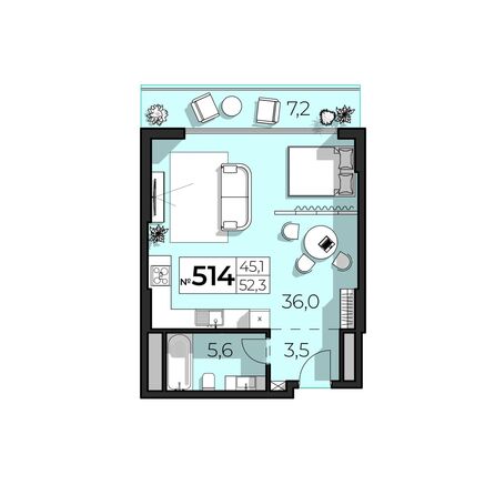 Планировка 2-комн 52,3, 52,5 м²