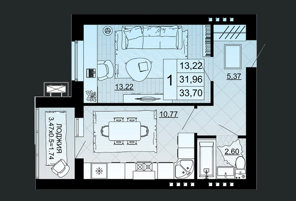 Планировка 1-комн 33,7 м²