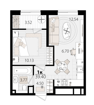 Планировка 1-комн 39,13 м²