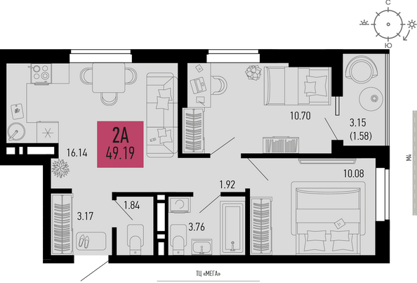 Планировка 2-комн 49,19 м²