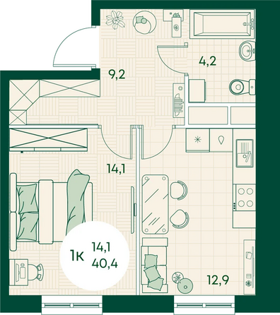 Планировка 1-комн 40,4 м²