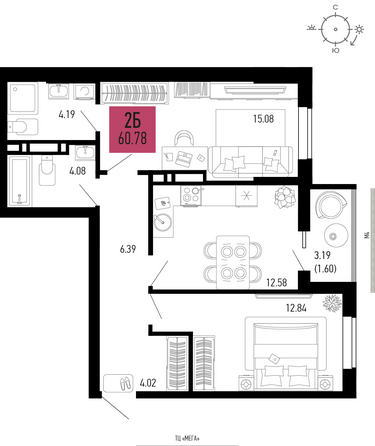 Планировка 2-комн 60,78 м²