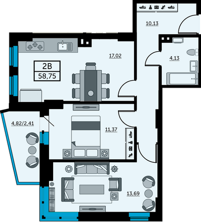 Планировка 2-комн 58,19 - 58,33 м²