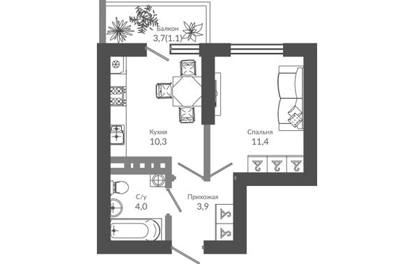 Планировка 1-комн 30,7 м²